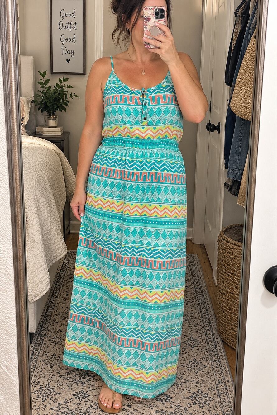 Dina B Maxi Dress Size M Turquoise Geometric Print Boho Strappy Summer Resort